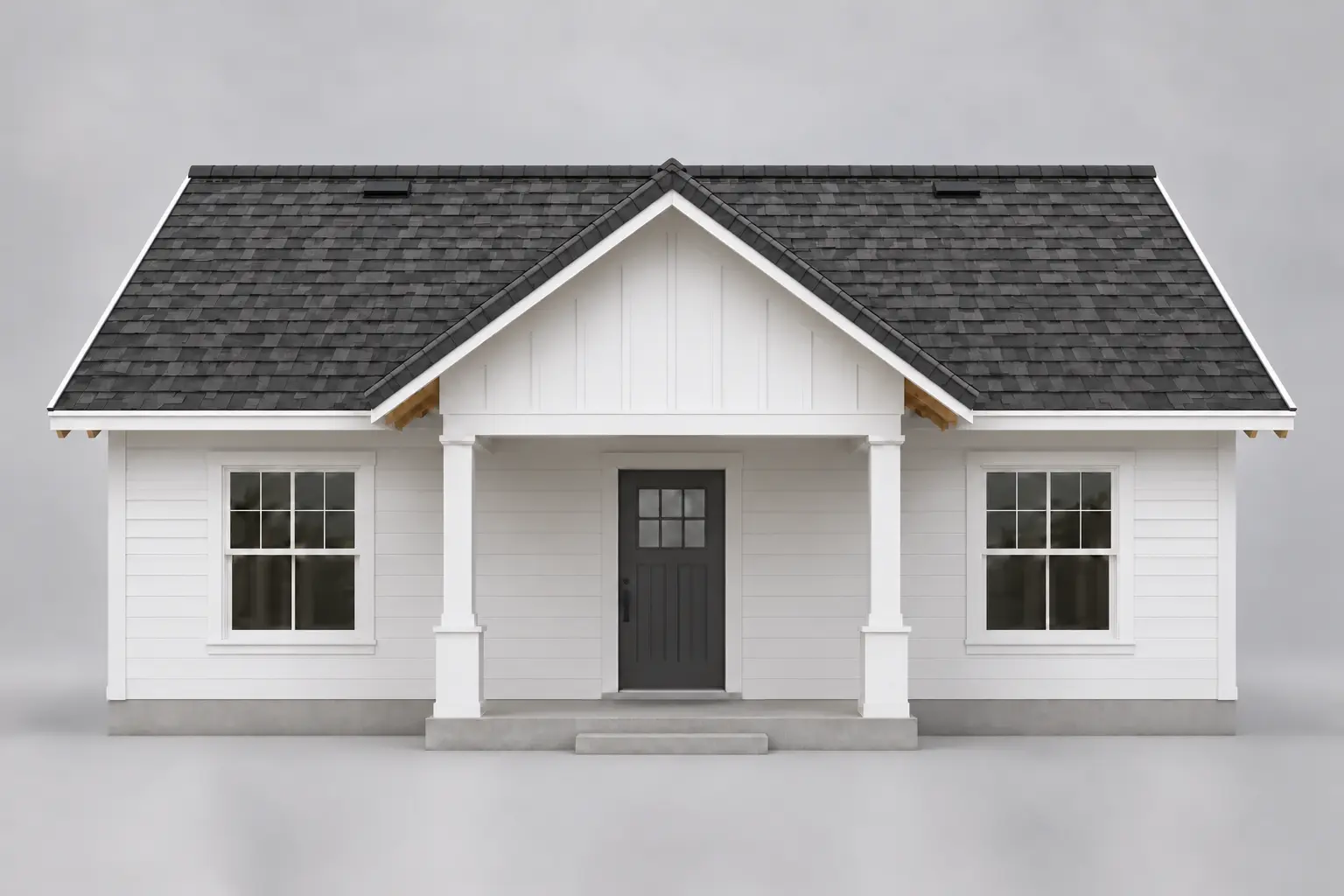 Completed gable roof with ridge caps and ventilation